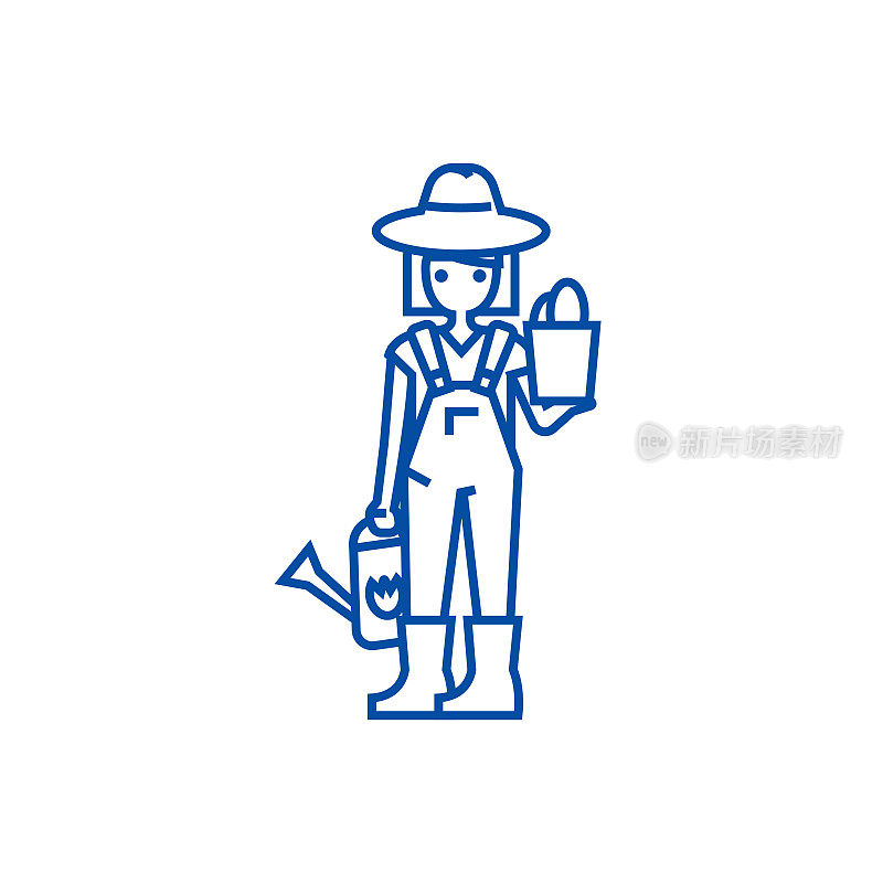 Gardener woman with plant and watering can line icon concept. Gardener woman with plant and watering can flat  vector symbol, sign, outline illustration.